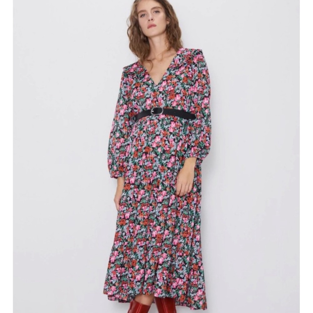 Zara sleeve black multi color floral flower oversized sheer maxi dress medium